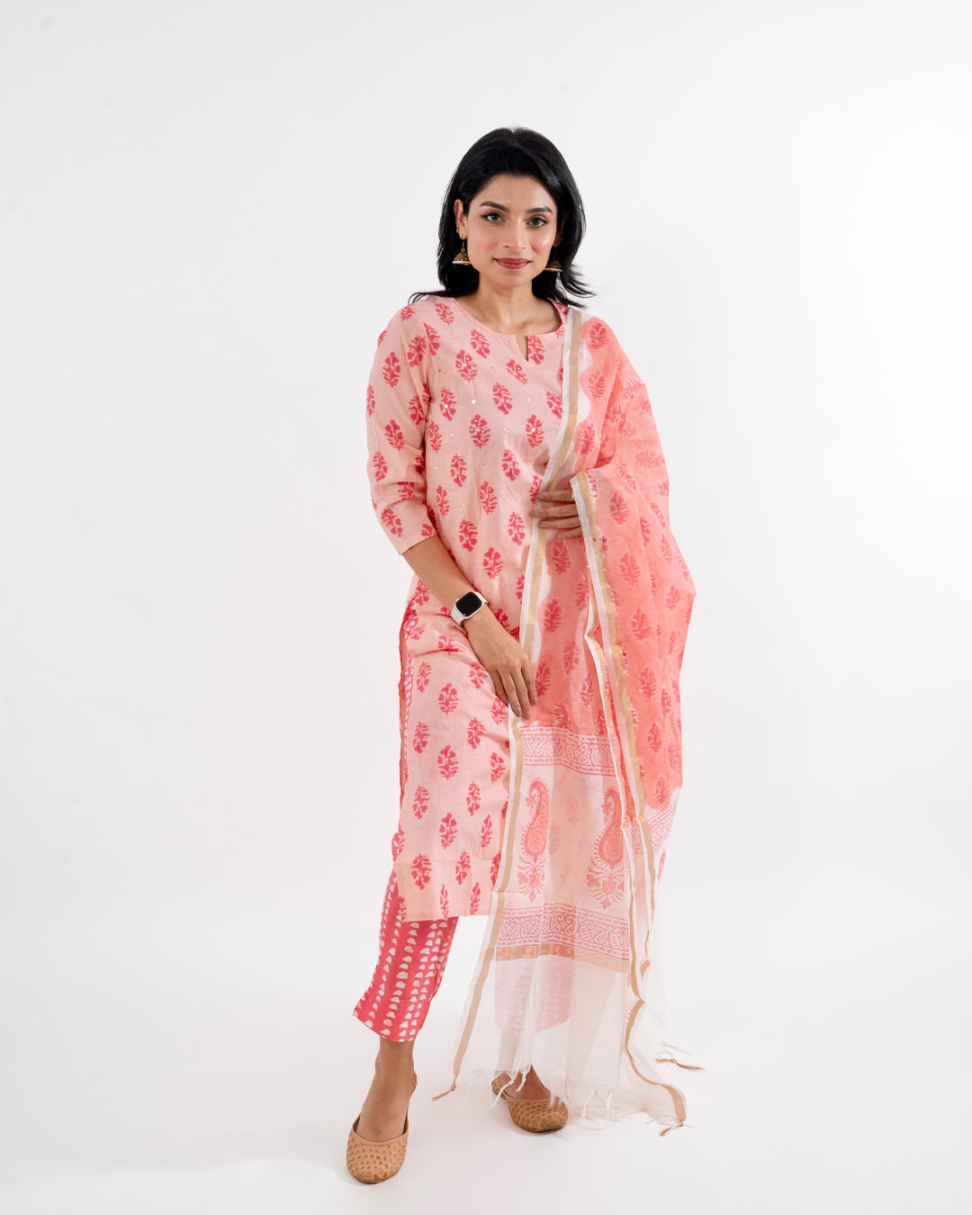 Peach Pink with Paisley Print Chanderi Dupatta Cotton Suit