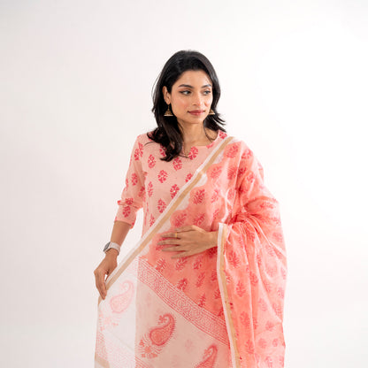 Peach Pink with Paisley Print Chanderi Dupatta Cotton Suit