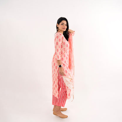 Peach Pink with Paisley Print Chanderi Dupatta Cotton Suit