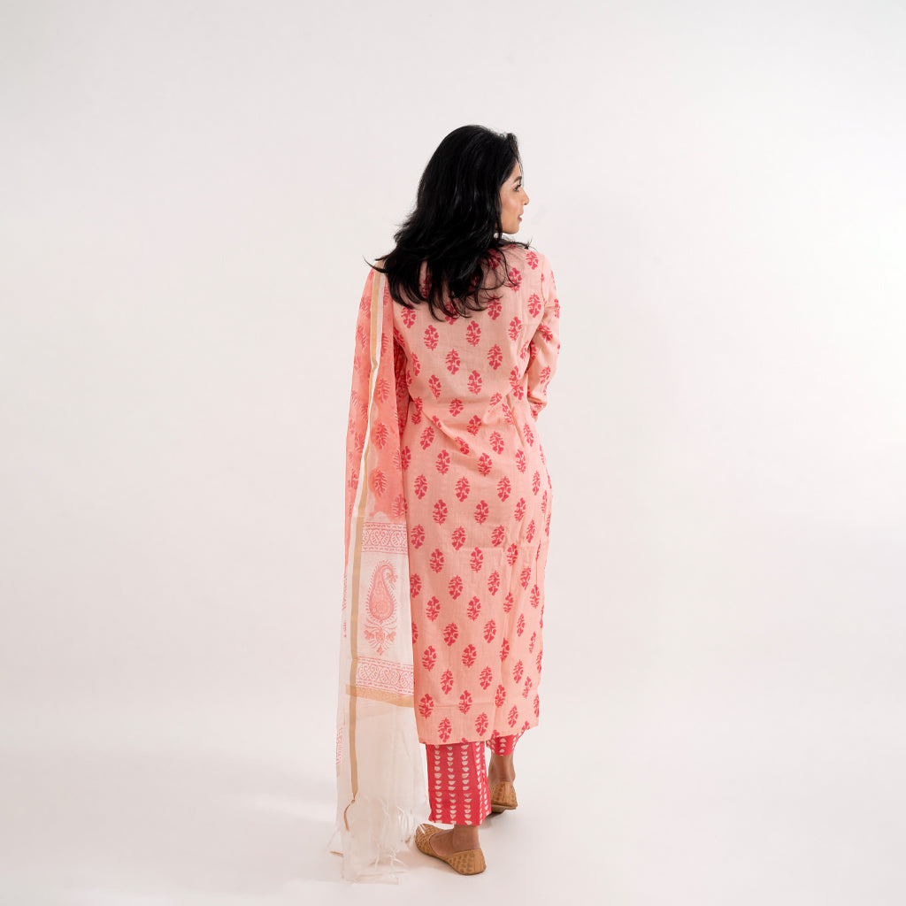 Peach Pink with Paisley Print Chanderi Dupatta Cotton Suit