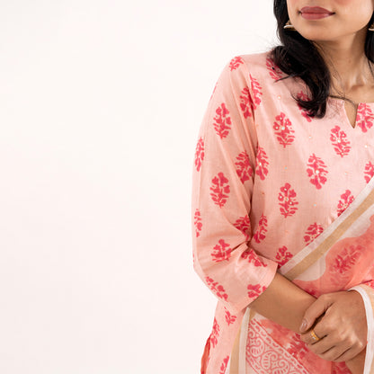 Peach Pink with Paisley Print Chanderi Dupatta Cotton Suit