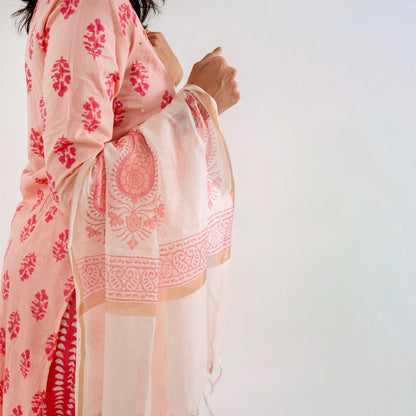 Peach Pink with Paisley Print Chanderi Dupatta Cotton Suit