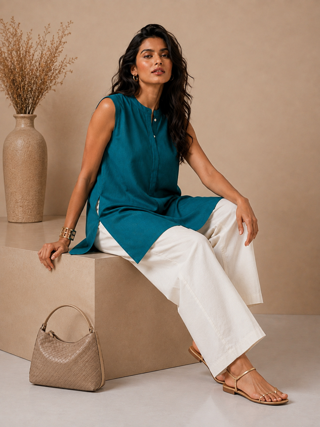 Linen Teal Green Solid Short kurta