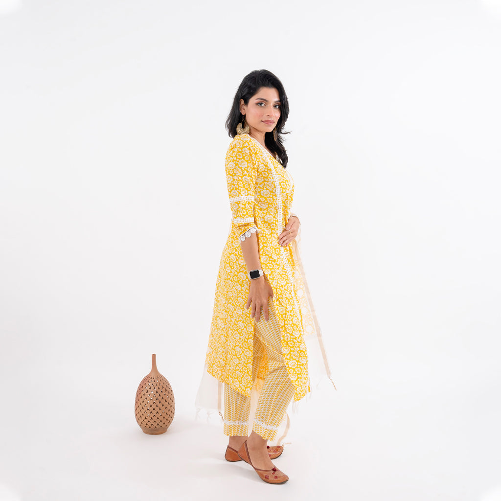 Amber Yellow Floral Print with Lace Work Cotton Suit