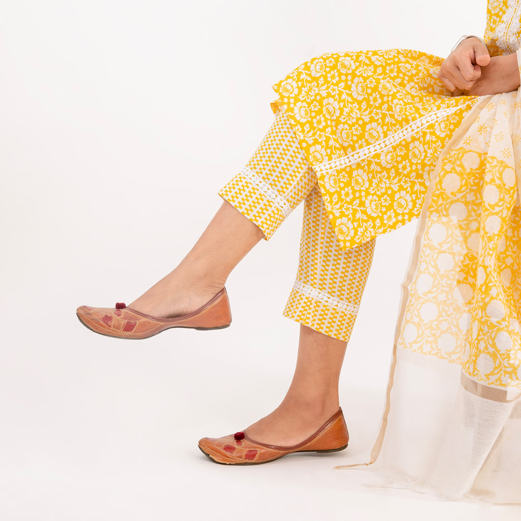 Amber Yellow Floral Print with Lace Work Cotton Suit