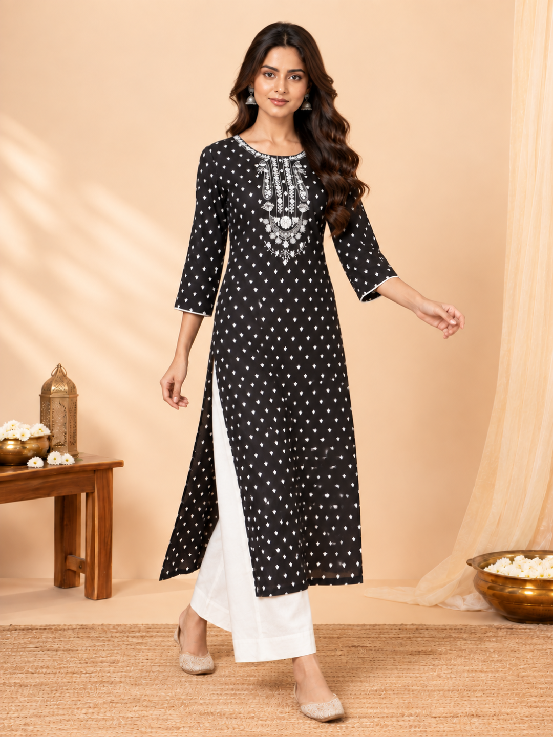 Elegant Black Embroidered Cotton Kurta