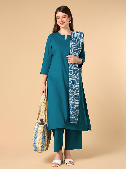Steel Blue Solid Cotton Suit