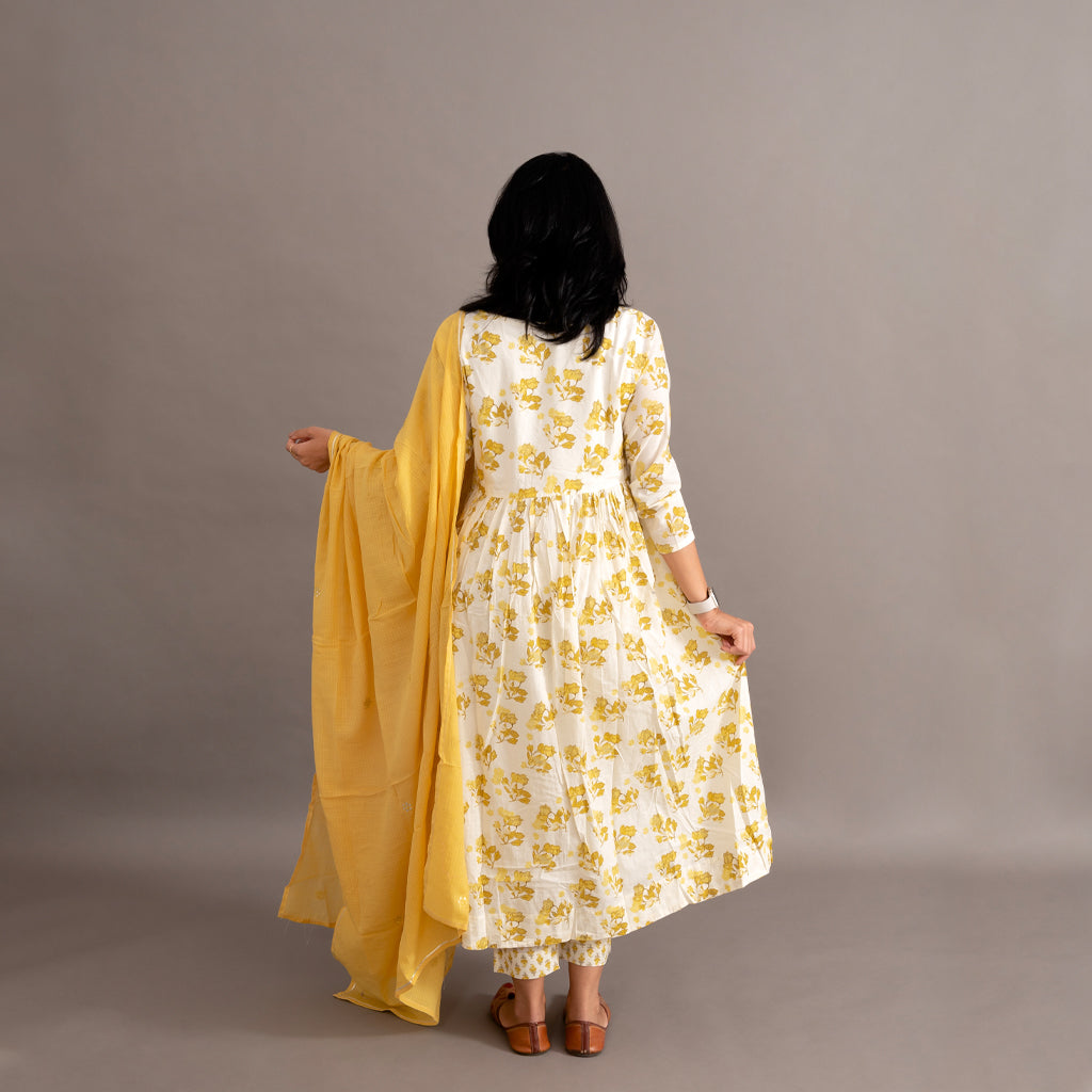 White Daffodil Printed Anarkali Cotton Suit