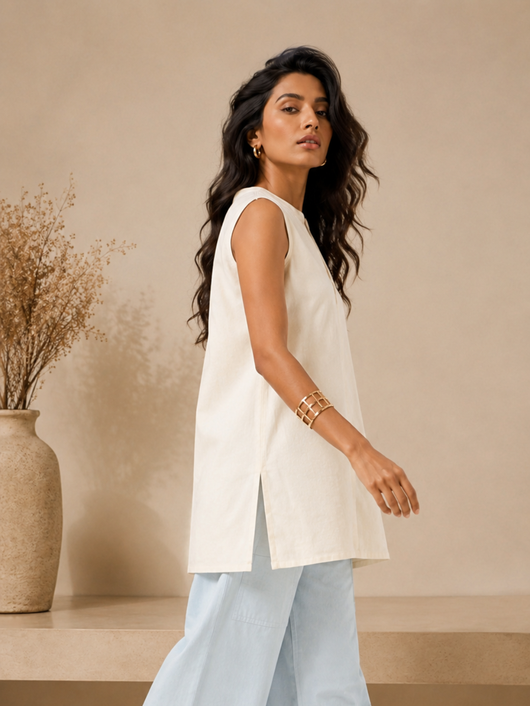Linen Off White Solid Short Kurta