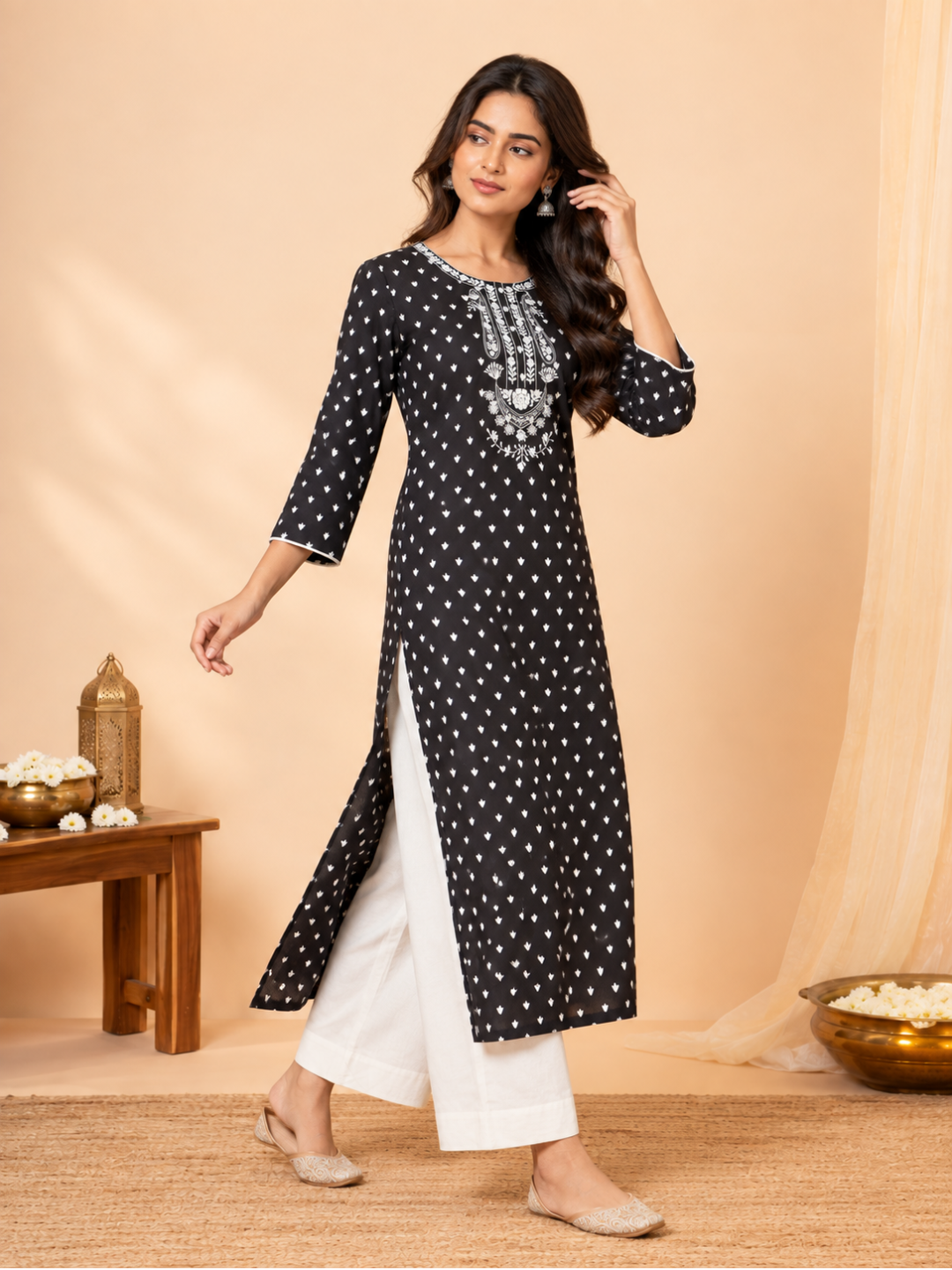 Elegant Black Embroidered Cotton Kurta