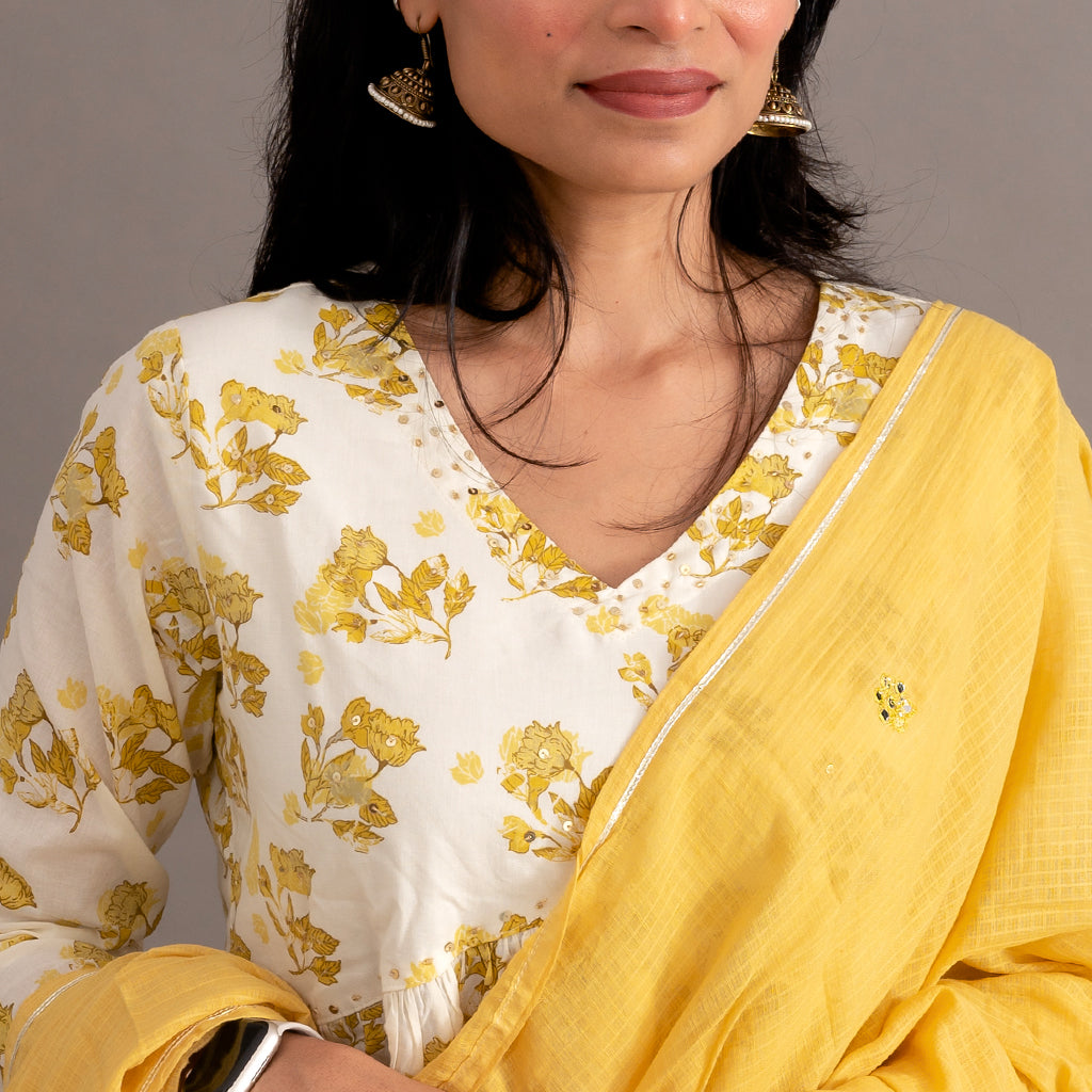 White Daffodil Printed Anarkali Cotton Suit