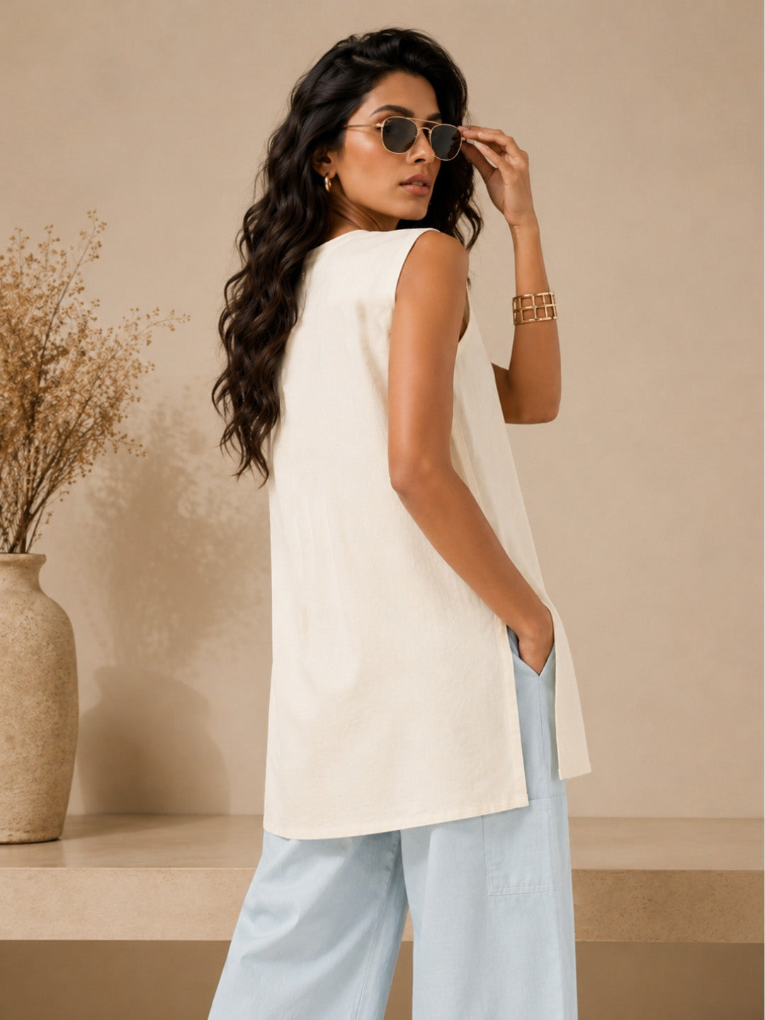 Linen Off White Solid Short Kurta