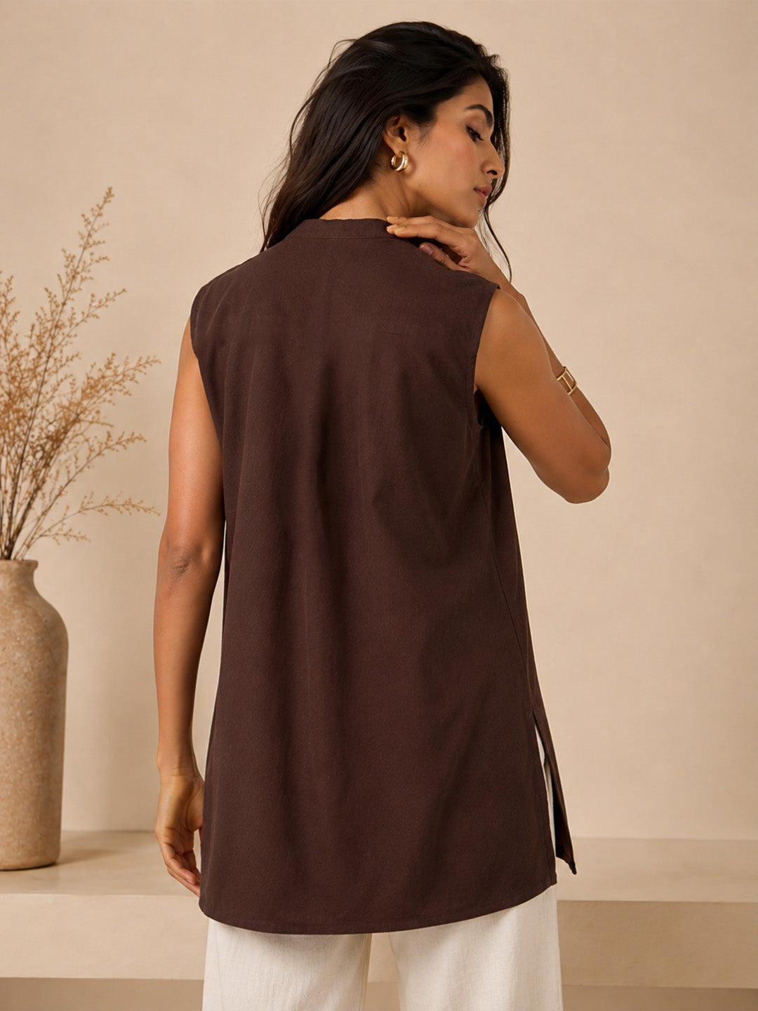 Linen Dark Brown Solid Short Kurta