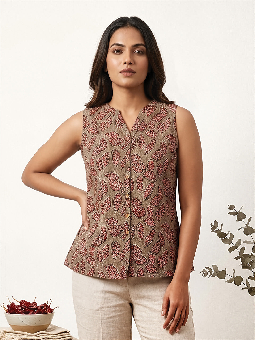 Grey Leaf Print short kurta
