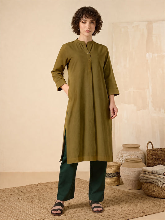 Classic Linen Olive Green Long Kurta