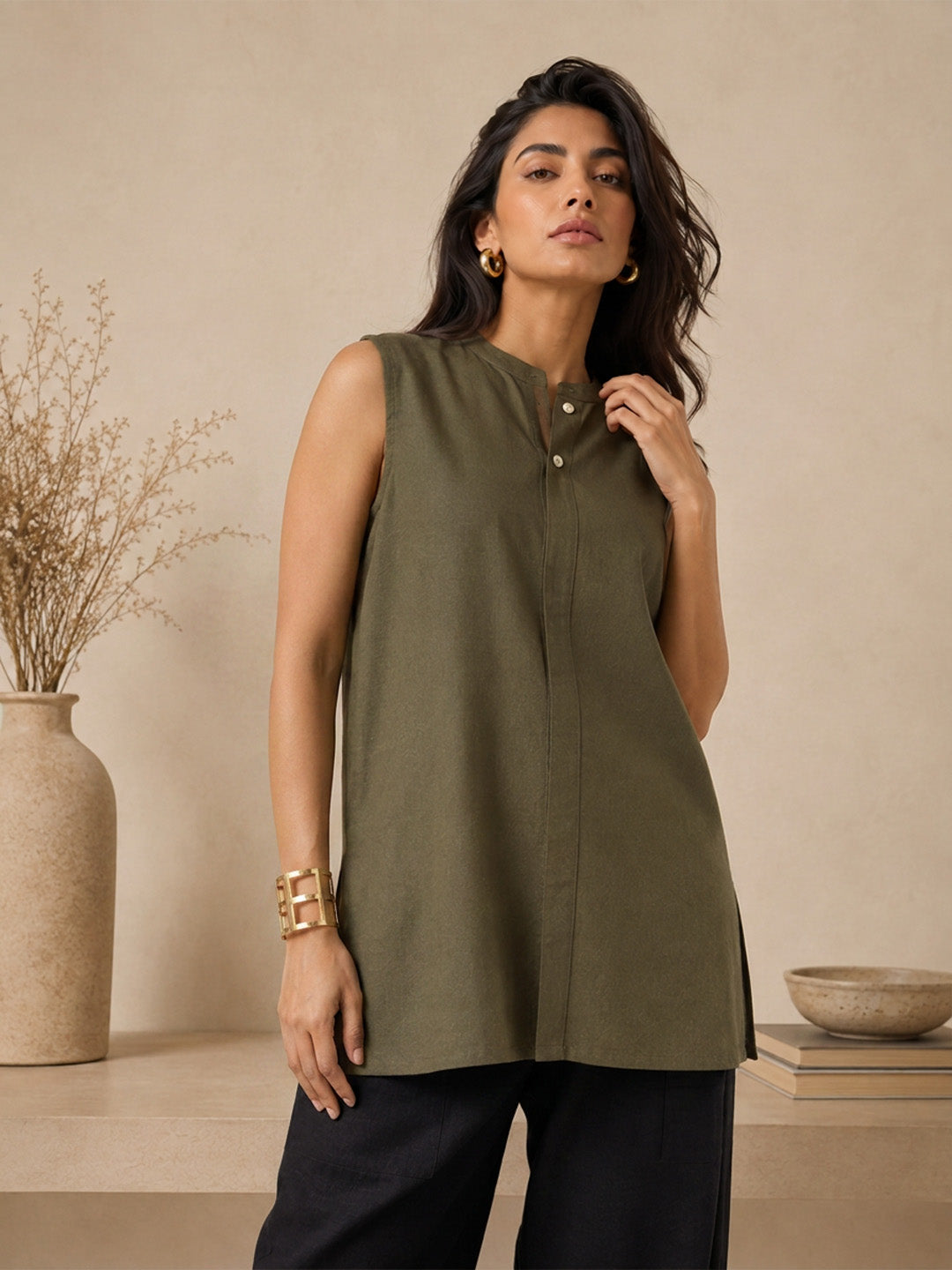 Linen Army Green Solid Short Kurta
