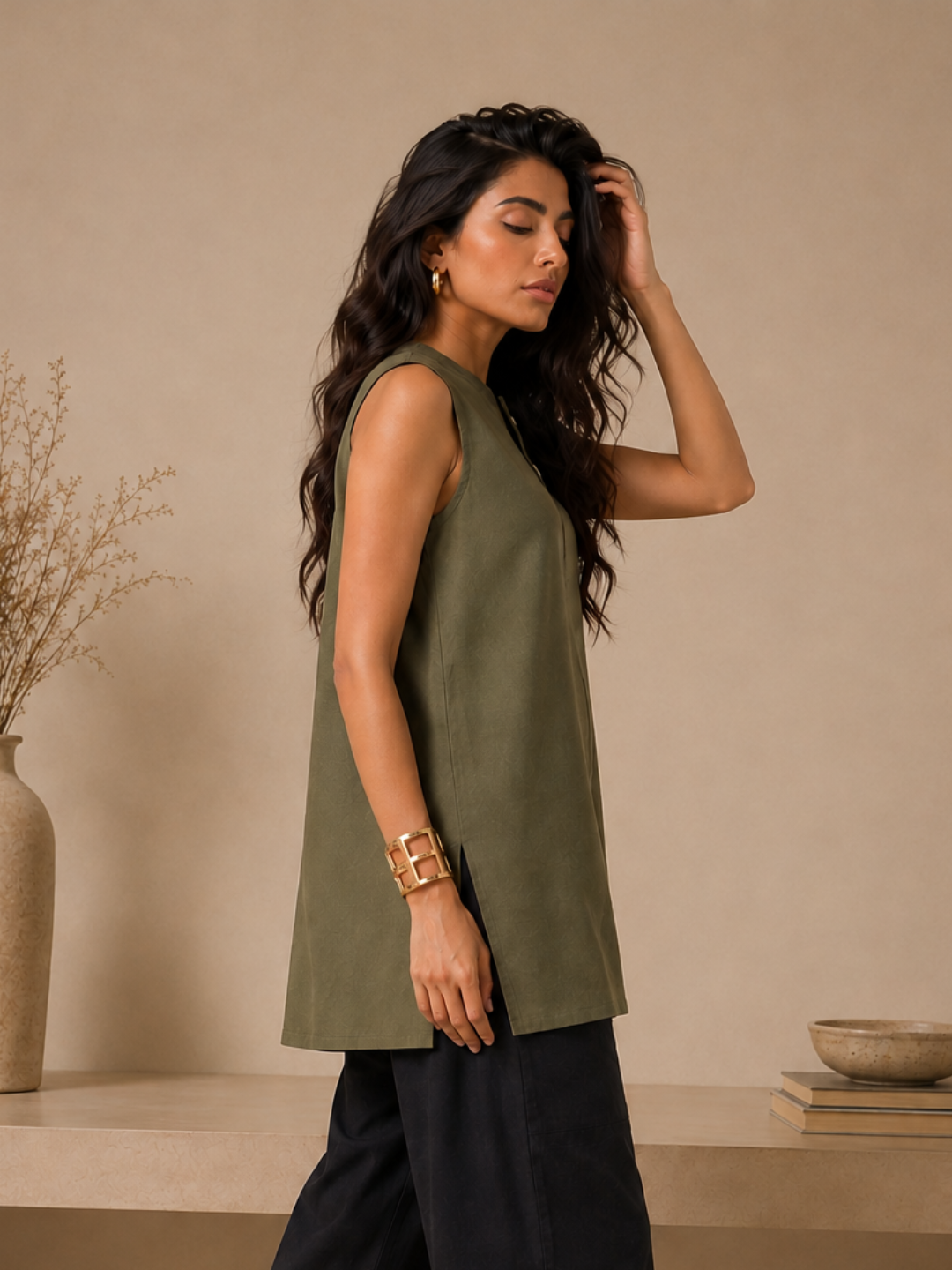 Linen Army Green Solid Short Kurta