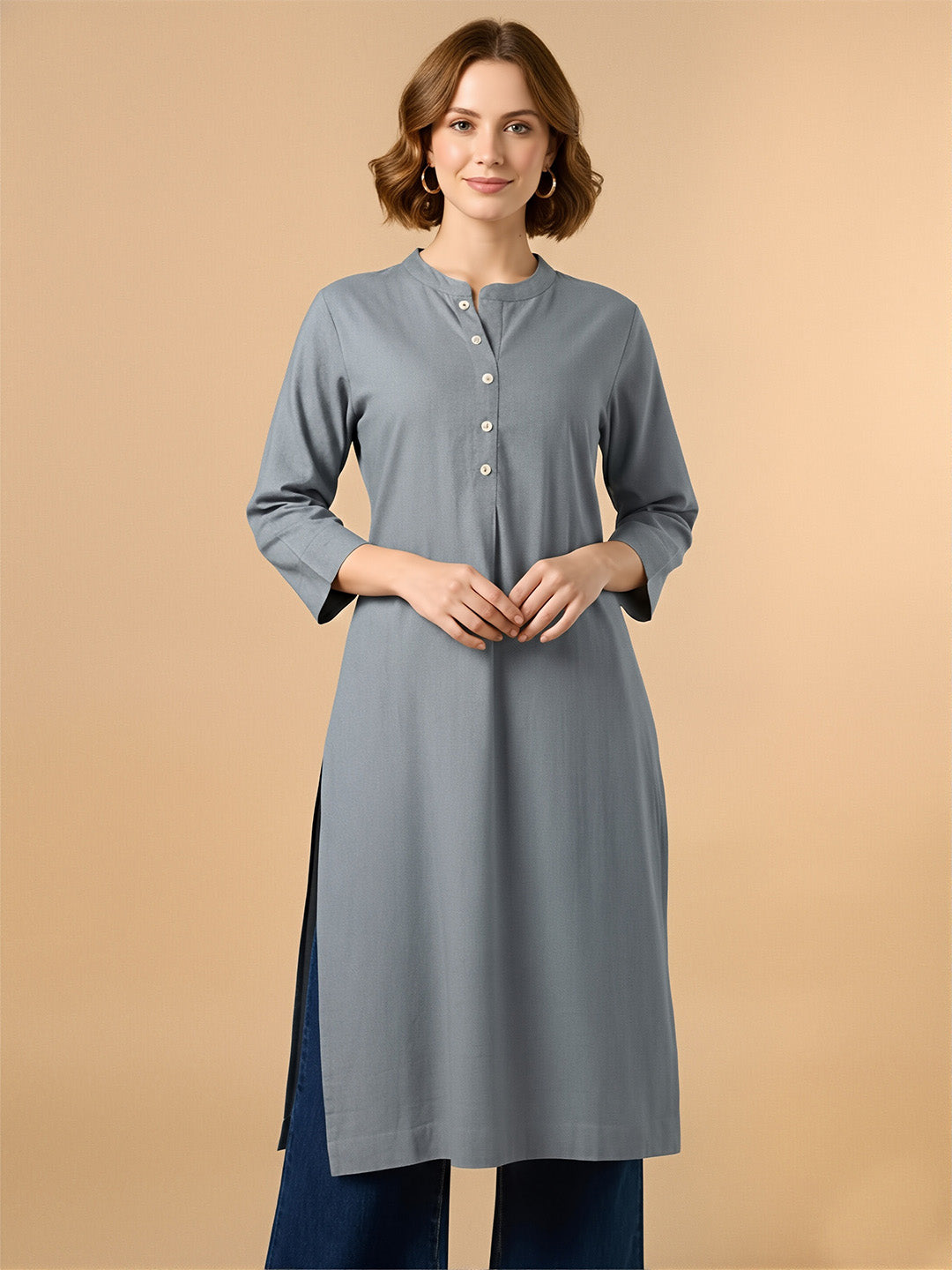 Classic Linen Grey Straight Long Kurta