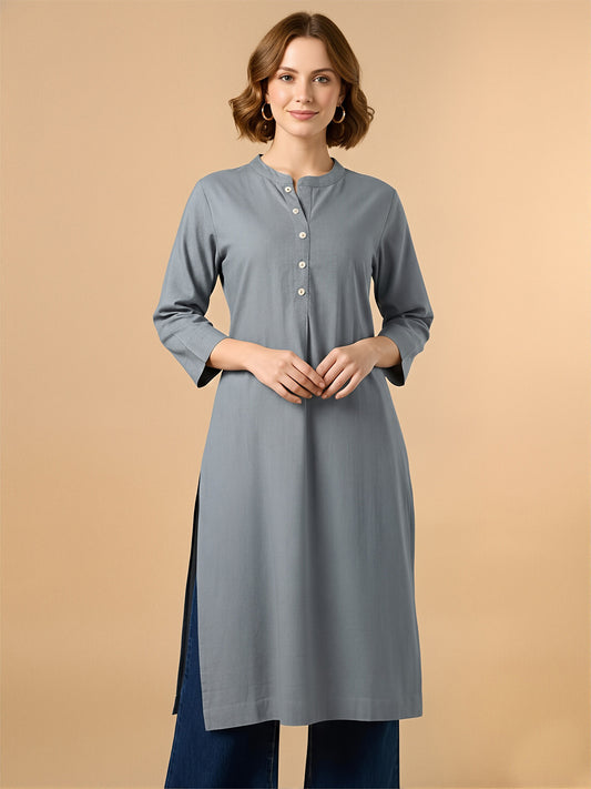 Classic Linen Grey Straight Long Kurta