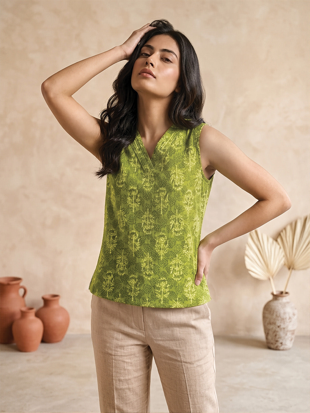 Parrot Green Block Print Short Kurta