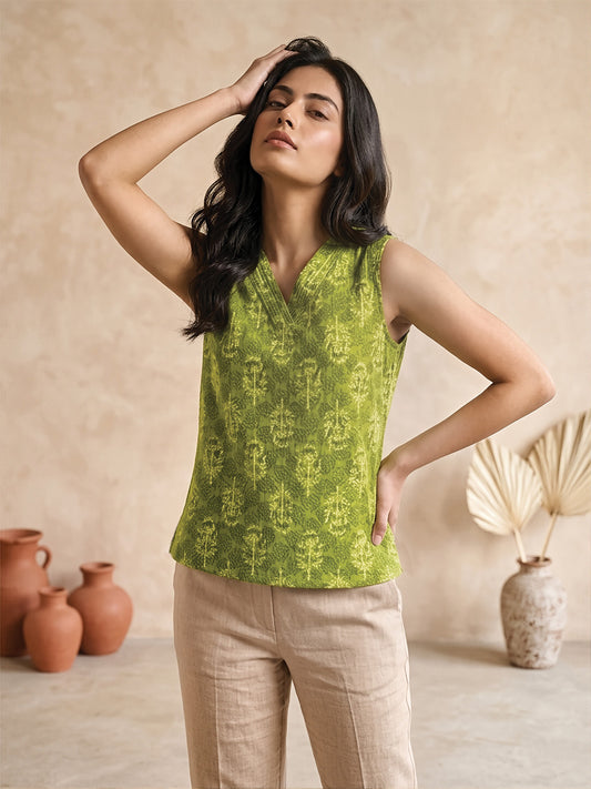 Parrot Green Block Print Short Kurta