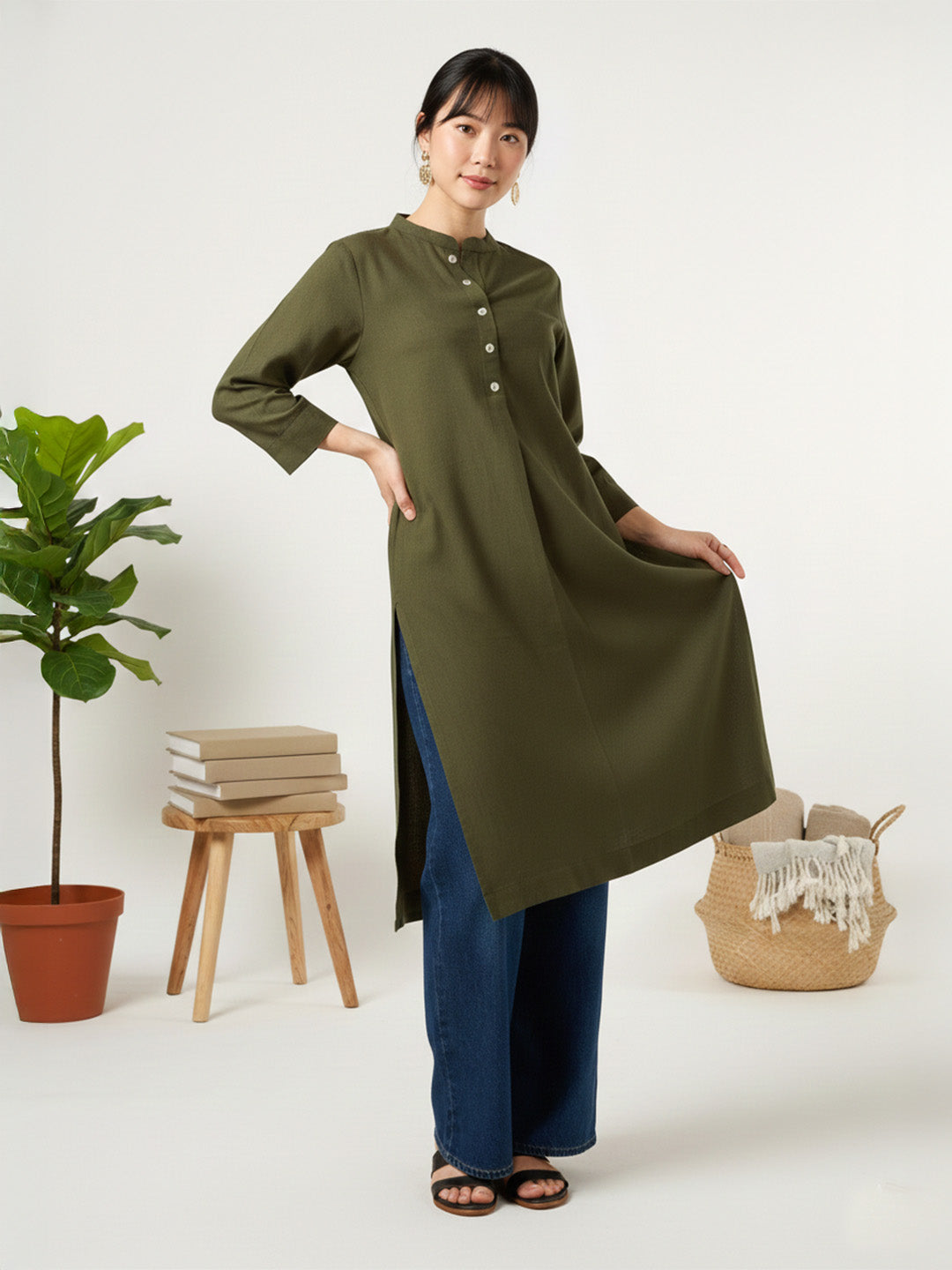 Classic Linen Army Green Straight Long Kurta