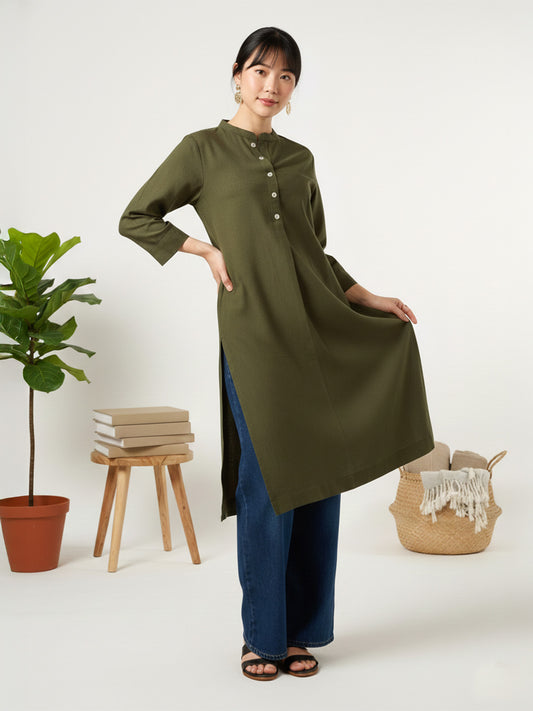 Classic Linen Army Green Straight Long Kurta