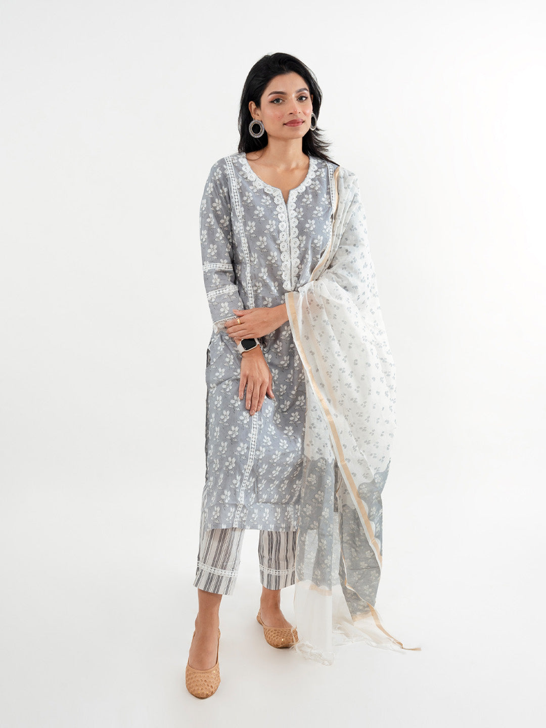 Floral Grey with Lace Work Striped Pant Cotton Suit