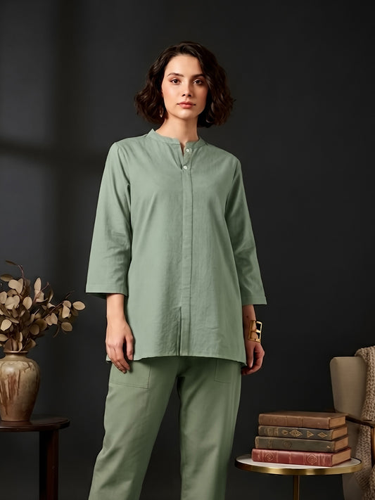 Classic Linen Smoke Green Short Kurta