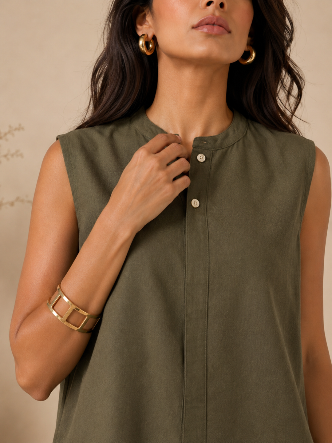Linen Army Green Solid Short Kurta