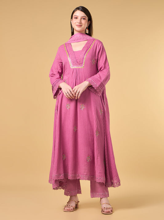 Pink Stripe Embroidered Cotton Suit