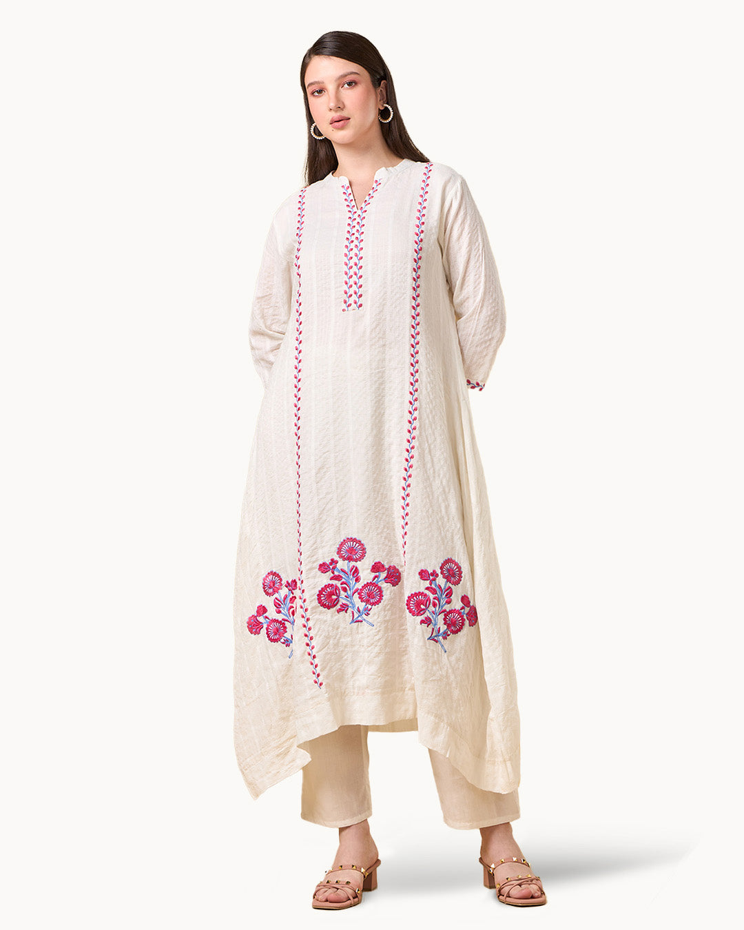 Off White Floral Embroidered Cotton Kurta Set