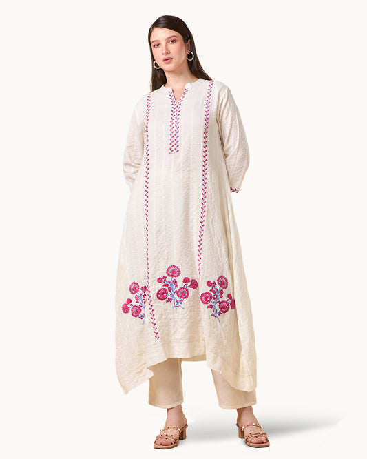 Off White Floral Embroidered Cotton Kurta Set