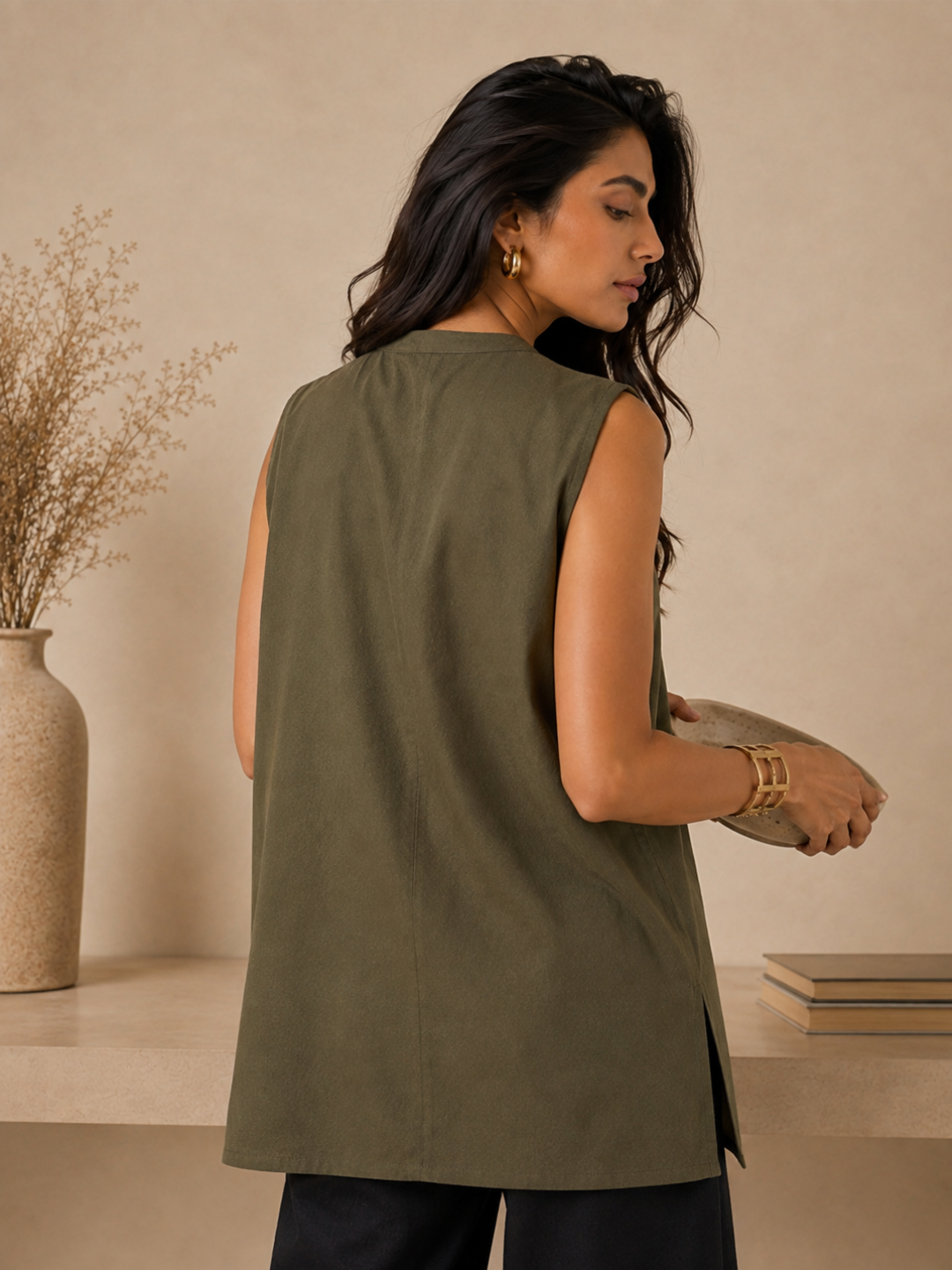 Linen Army Green Solid Short Kurta