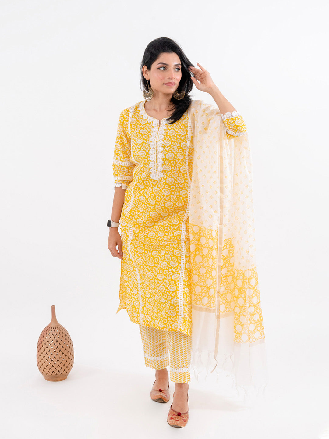 Amber Yellow Floral Print with Lace Work Cotton Suit