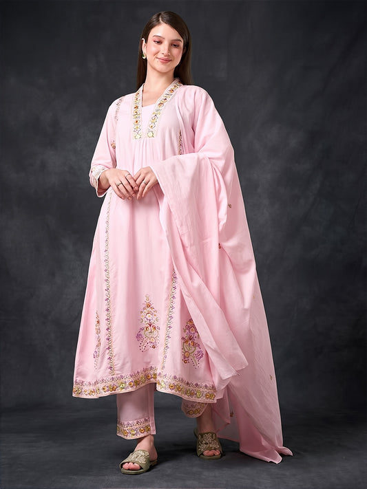 Pastel Pink Embroidered Cotton Suit