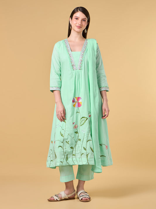 Pastel Green Embroidered Cotton Suit