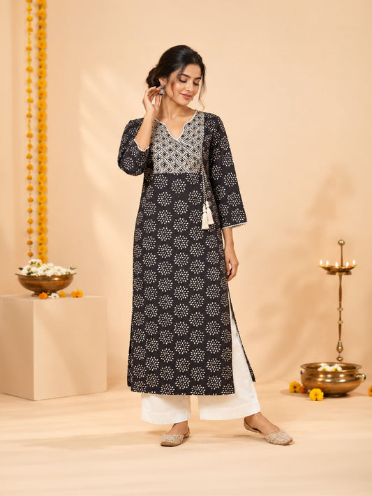 Black Embroidered Rangoli Print Cotton Kurta
