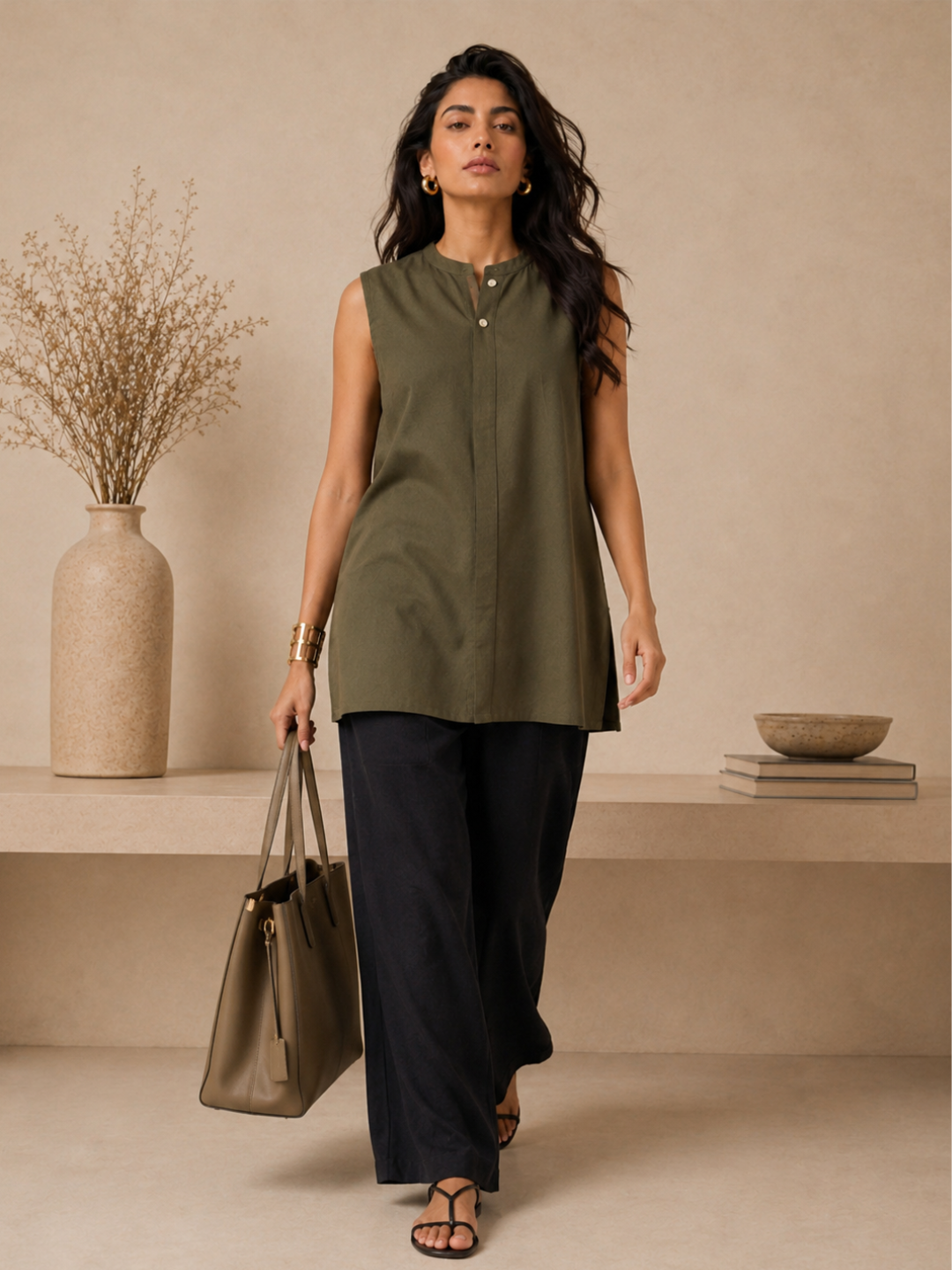Linen Army Green Solid Short Kurta