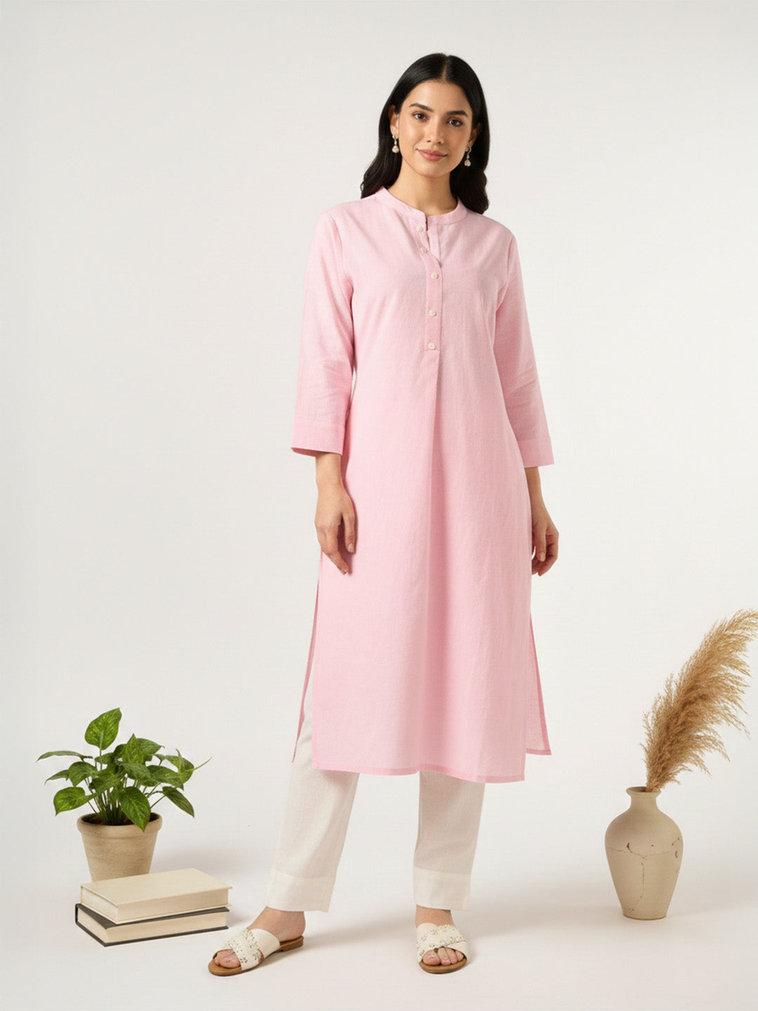 Classic Linen Baby Pink Straight Long Kurta