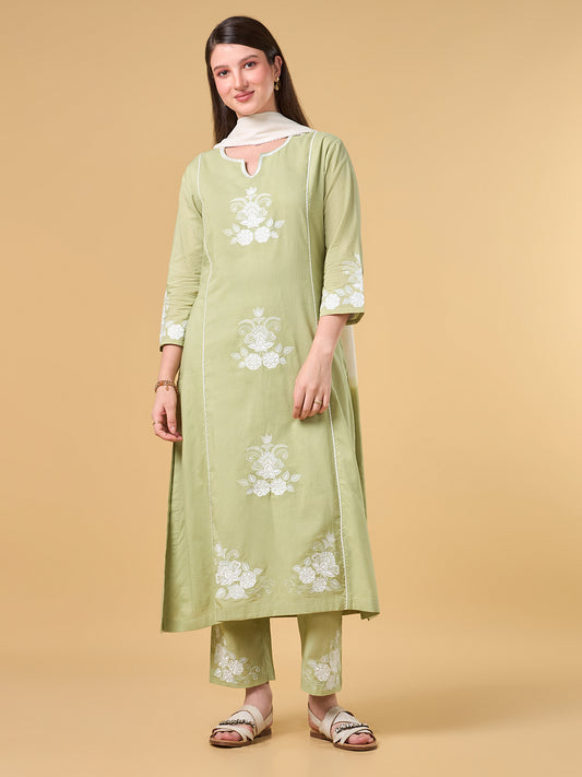 Pastel lime Green Embroidered Cotton Suit