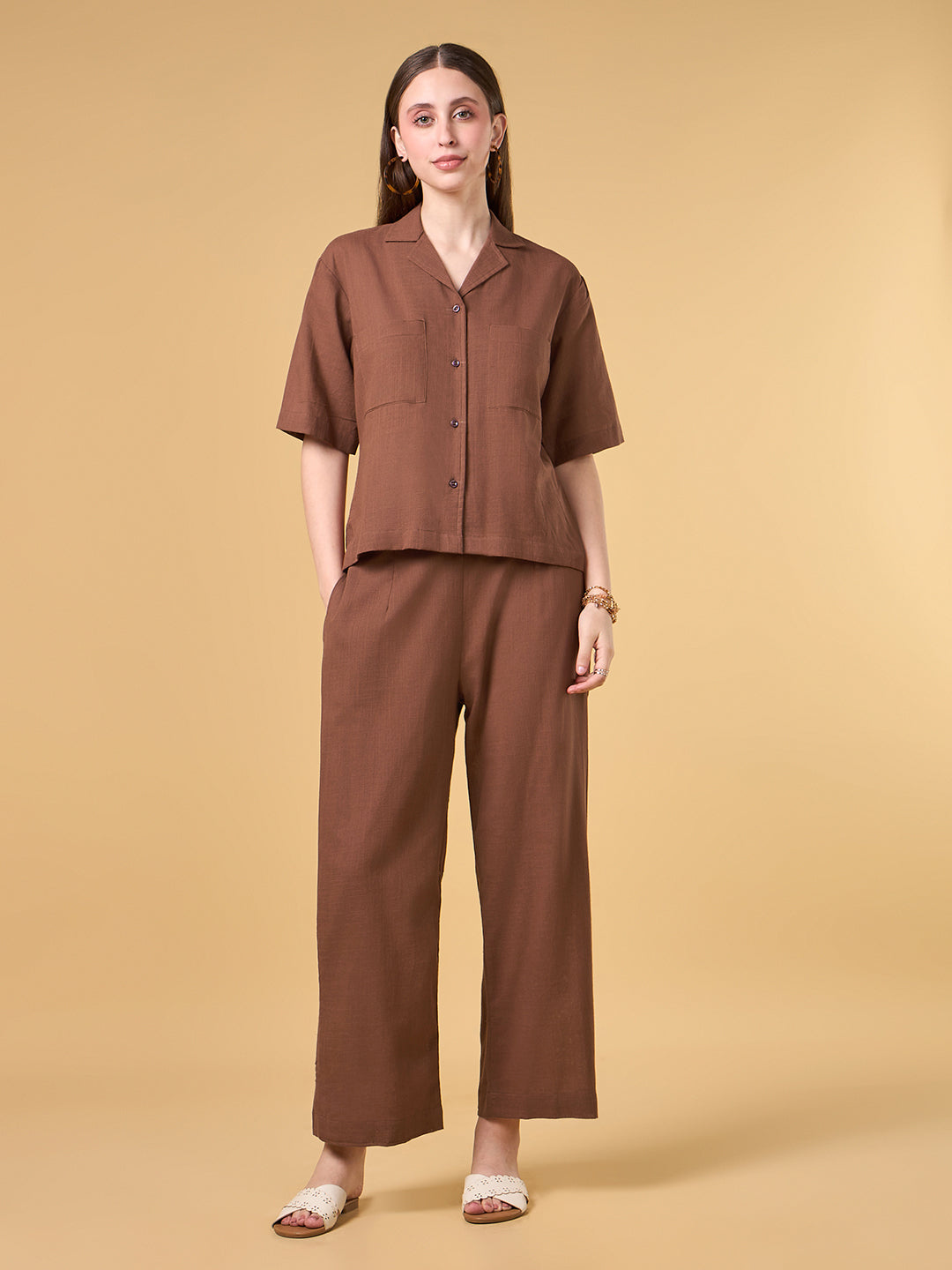 Brown Solid Cotton Co-ord Set