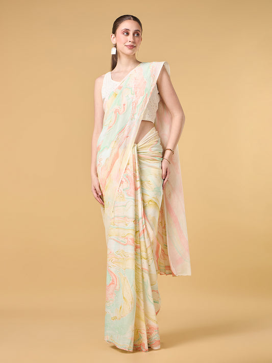 Misty Blue Hand Marble Printed Cotton Saree