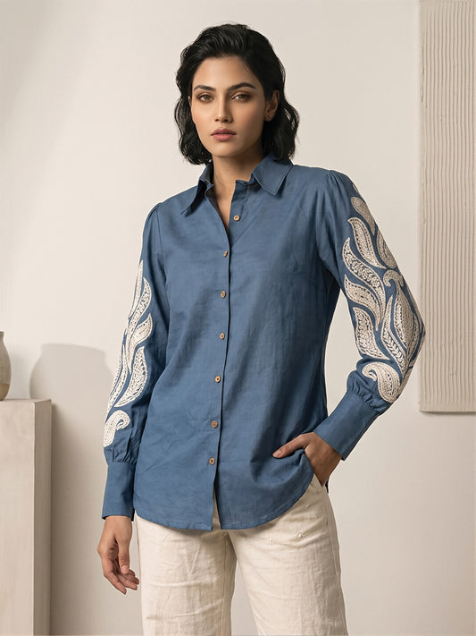 Blue Embroidered Cotton Shirt