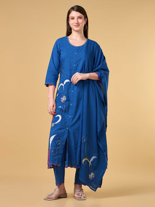 Royal Blue Embroidered Cotton Suit