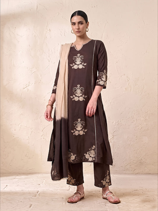 Dark Brown Embroidered Cotton Suit