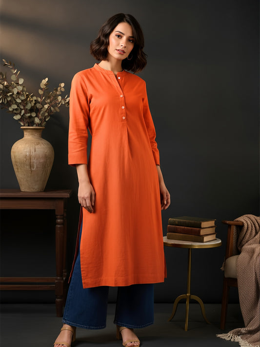 Classic Linen Saffron Orange Straight Long Kurta