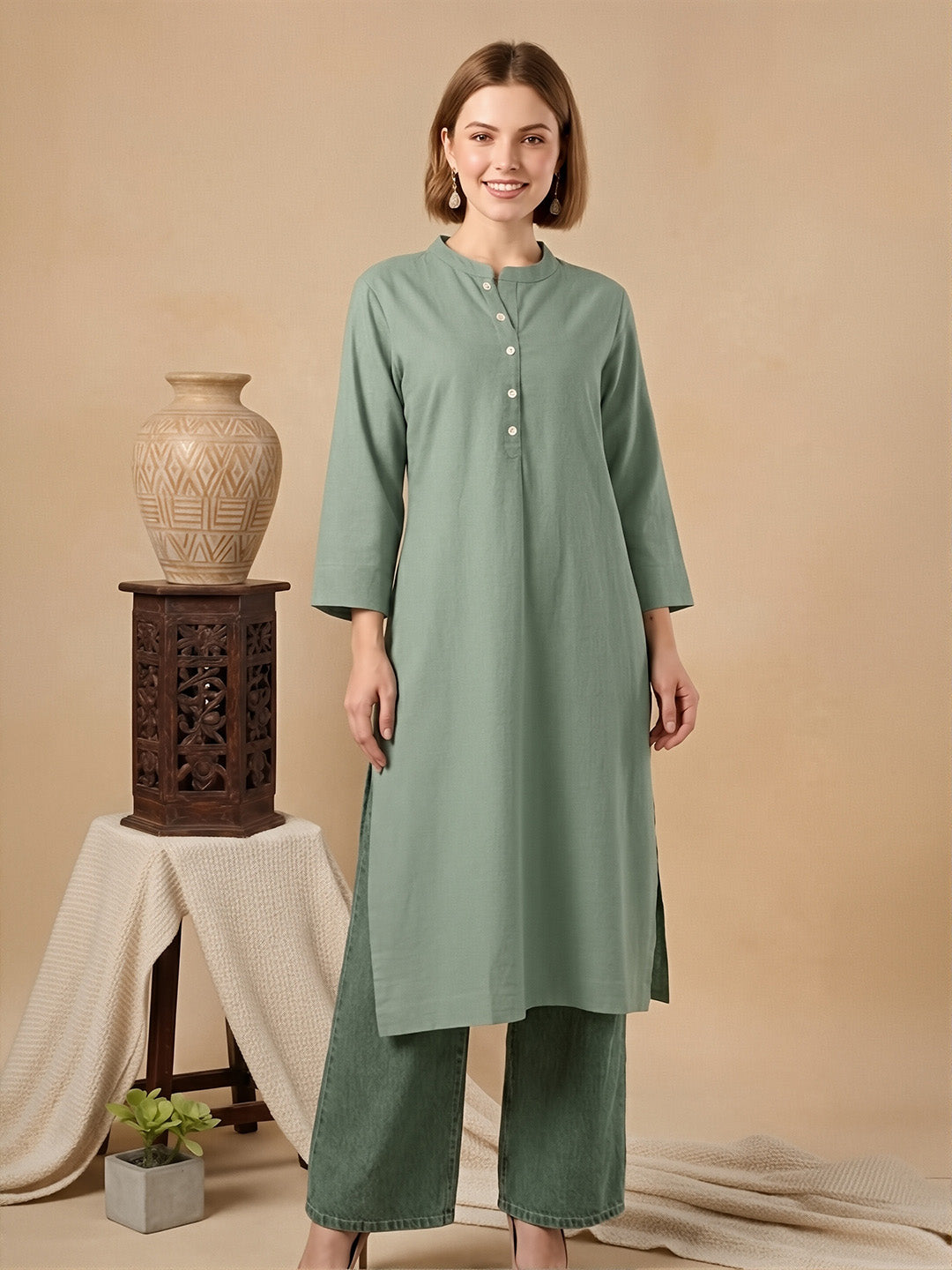 Classic Linen Smoke Green Straight Long Kurta