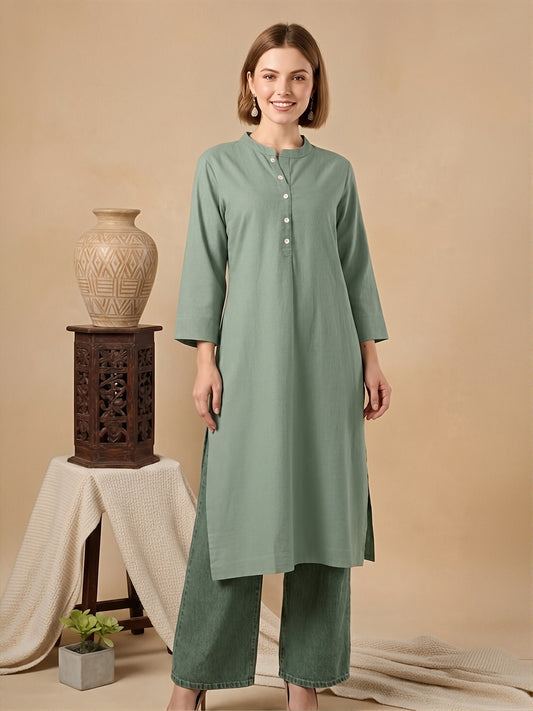 Classic Linen Smoke Green Straight Long Kurta
