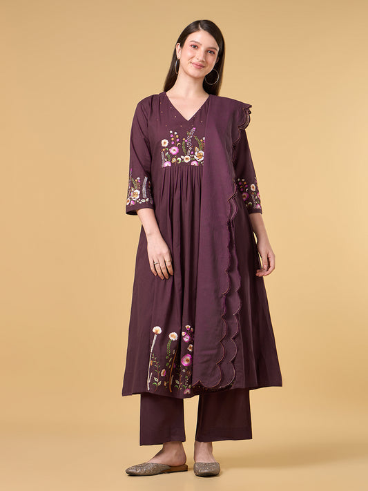 Wine Embroidered Cotton Suit